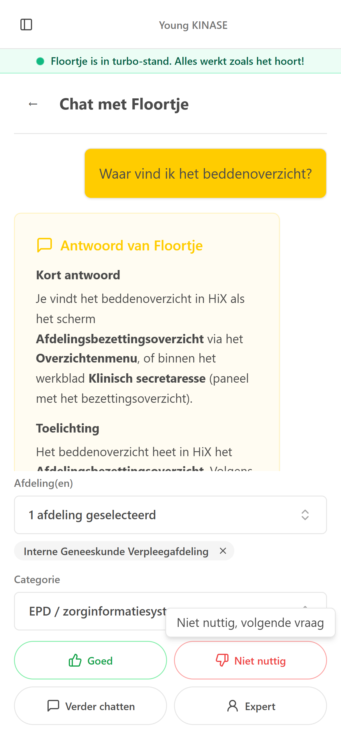 Floortje beantwoordt de vraag "Waar vind ik het beddenoverzicht?" met een kort antwoord, toelichting en feedbackknoppen