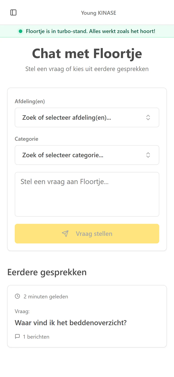Chatscherm van Floortje op een telefoon: kies je afdeling en categorie en stel je vraag